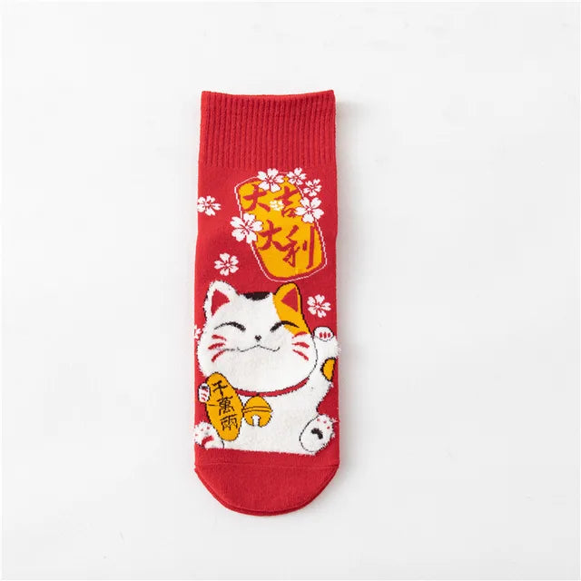 Chaussettes rouge courtes Chat Chanceux | Maneki Neko Lucky Cat