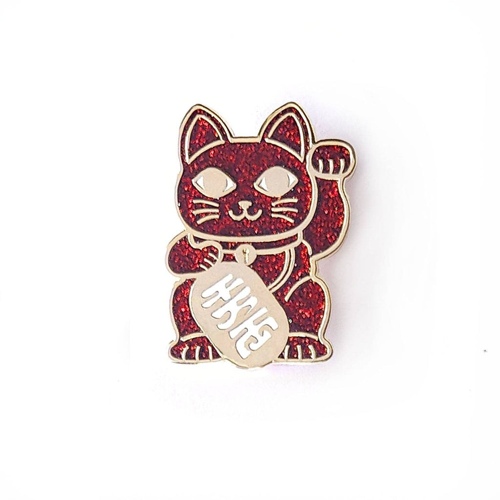 Lucky Cat Red Glitter Pin