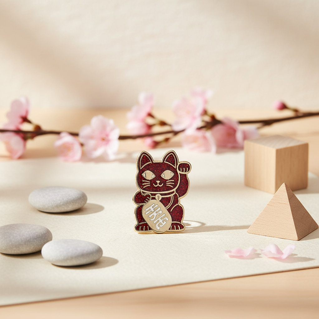 Lucky Cat Red Glitter Pin