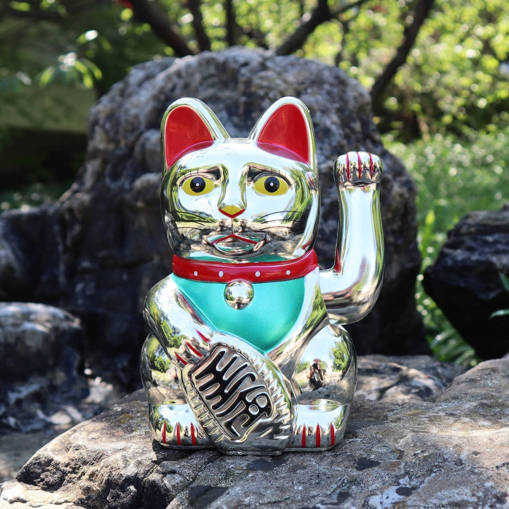 Chat chanceux argenté 15cm