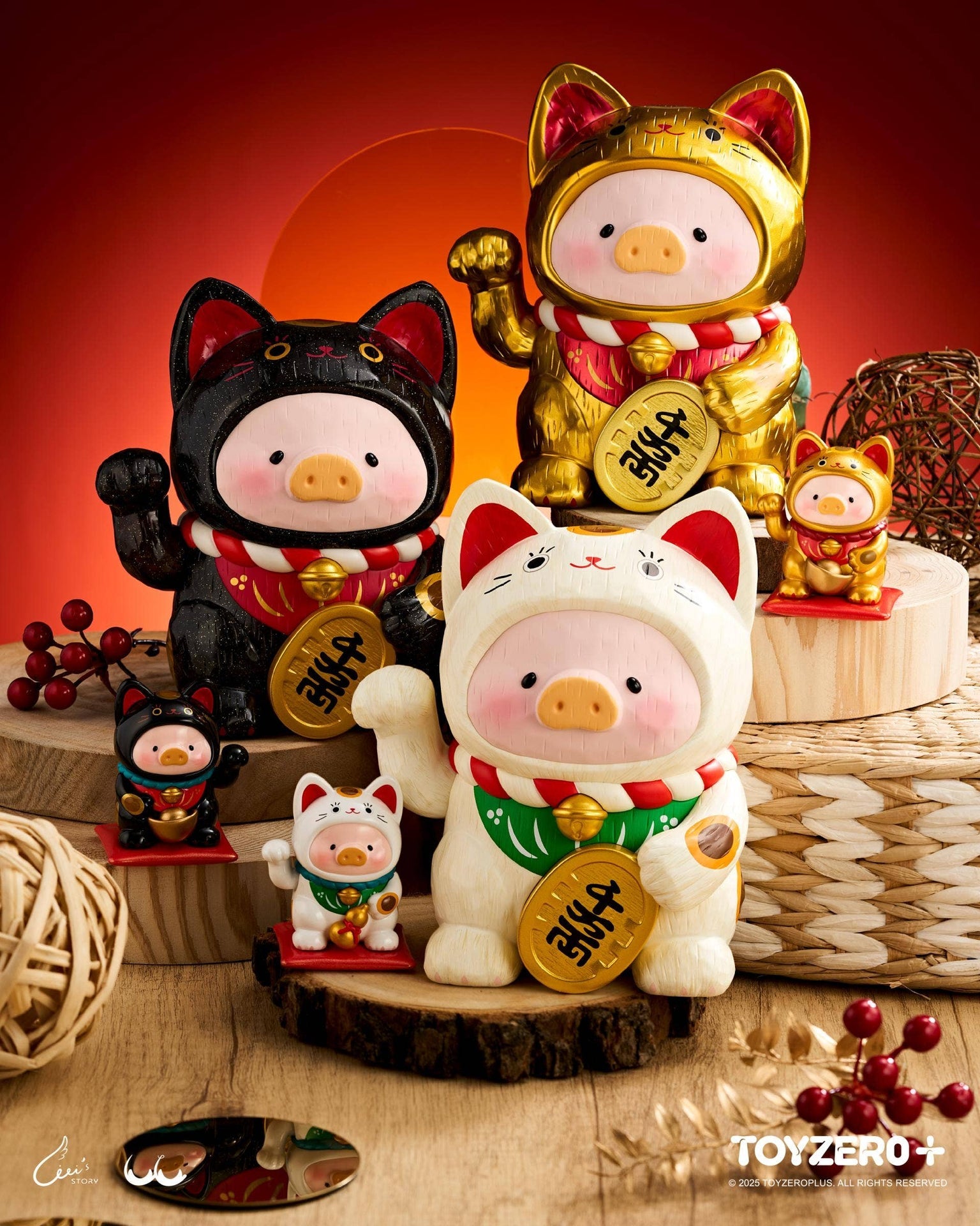 LuLu le Cochonnet - Maneki Lu (chat calico) — sculpture en bois 18cm