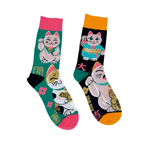 Calzini spaiati con gatto portafortuna - Maneki Neko - vista principale - Sml-sox