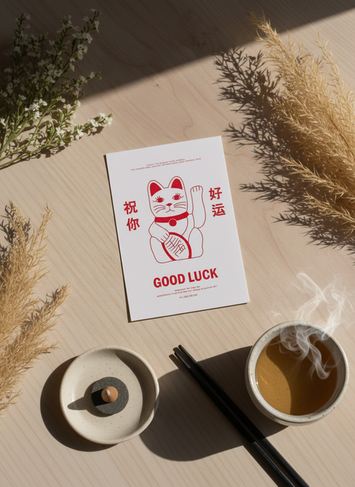 Carte postale Le Chat Chanceux | design asiatique - Maneki Neko - vue de côté - L-atelier-samedi
