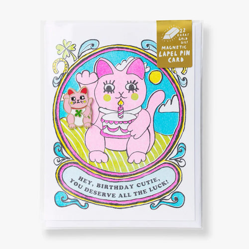 Carte d'Anniversaire Chat Chanceux avec Pin's - Maneki Neko - vue principale - Yellow-owl-workshop