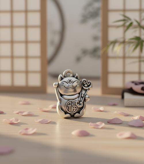 Lyckobringande silverkattberlock - Maneki Neko - sidovy - Kokochao