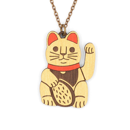 Collier Chat Chanceux en Bois