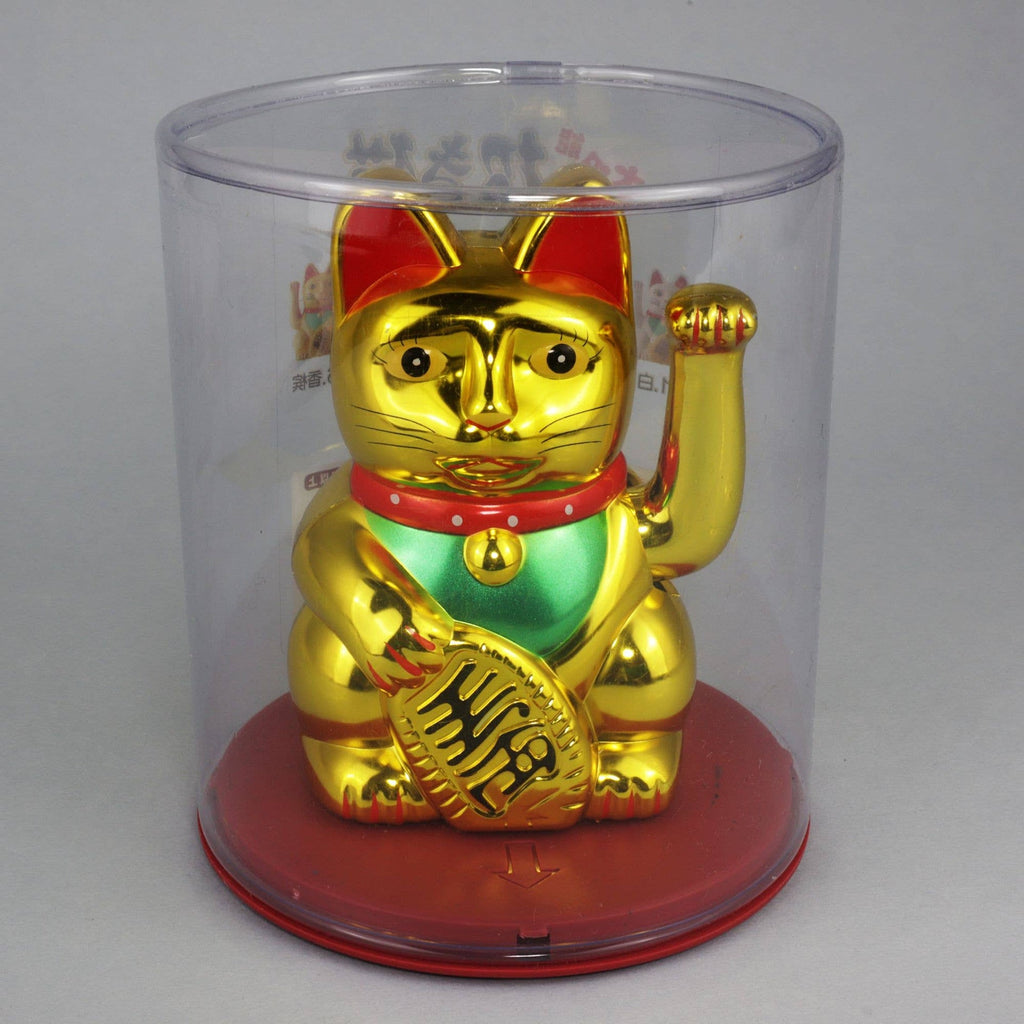 Chat chanceux solaire doré 10,5 cm