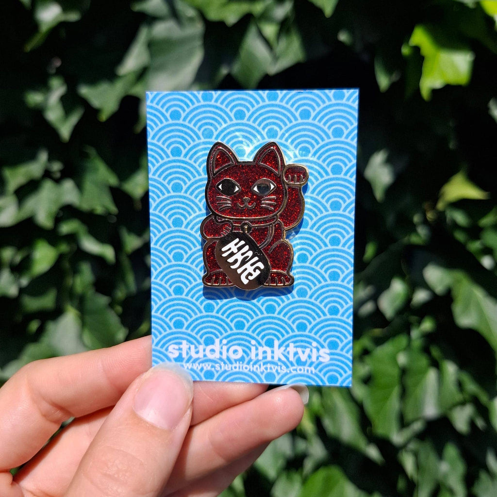 Lucky Cat Red Glitter Pin