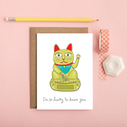 Carte de vœux Chat Chanceux "I'm so lucky to know you" - Maneki Neko - vue principale