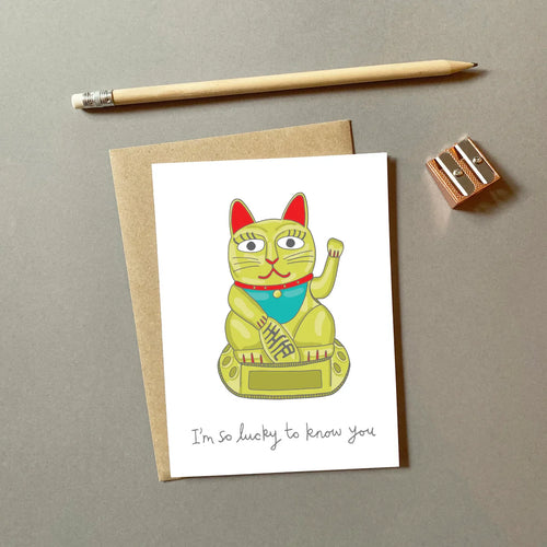 Carte de vœux Chat Chanceux "I'm so lucky to know you" - Maneki Neko - vue de côté