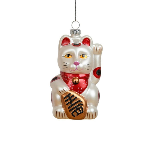 White Lucky Cat Christmas Bauble