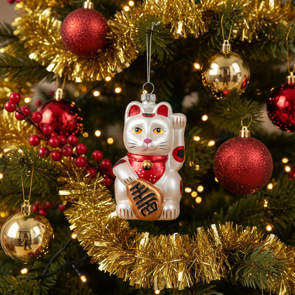 White Lucky Cat Christmas Bauble