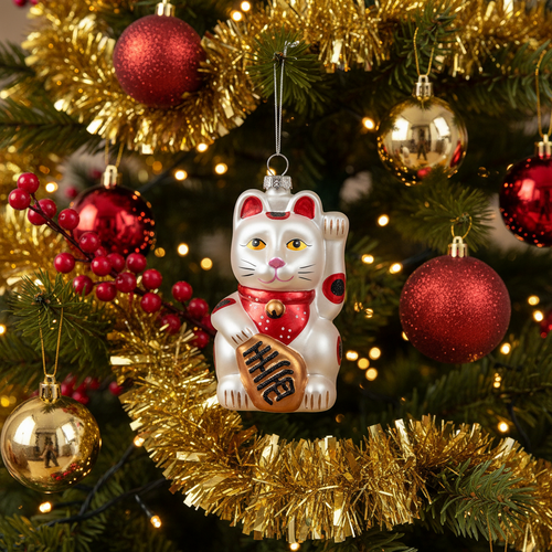 Boule de Noël Chat Chanceux Blanc