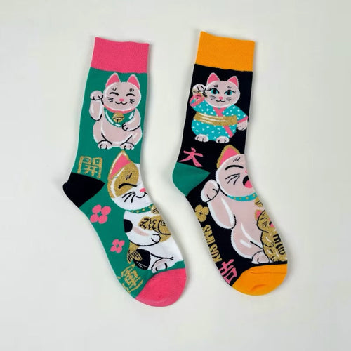 Calzini spaiati con gatto portafortuna - Maneki Neko - vista laterale - Sml-sox