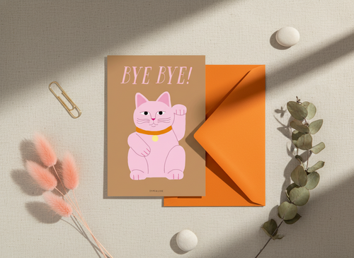 Carte de vœux - Chat Chanceux "Bye Bye" - Maneki Neko - vue de côté - Typealive