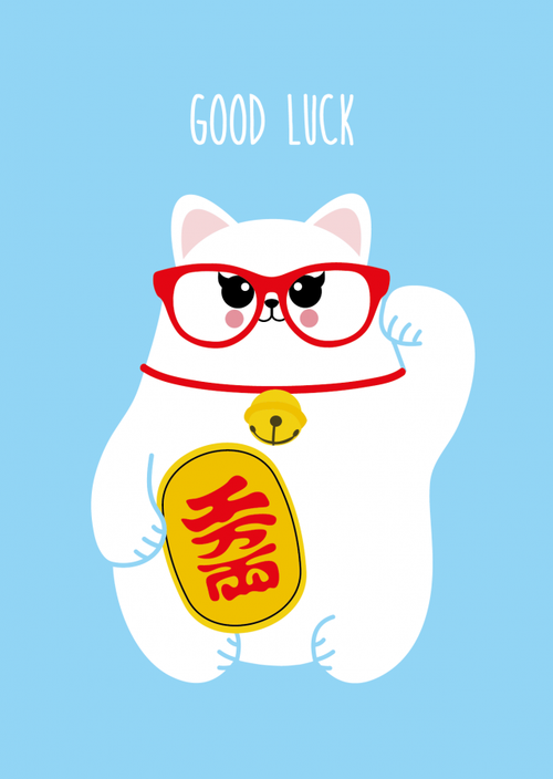 Carte Postale Chat Chanceux « Good Luck » - Maneki Neko - vue principale - Studio-inktvis