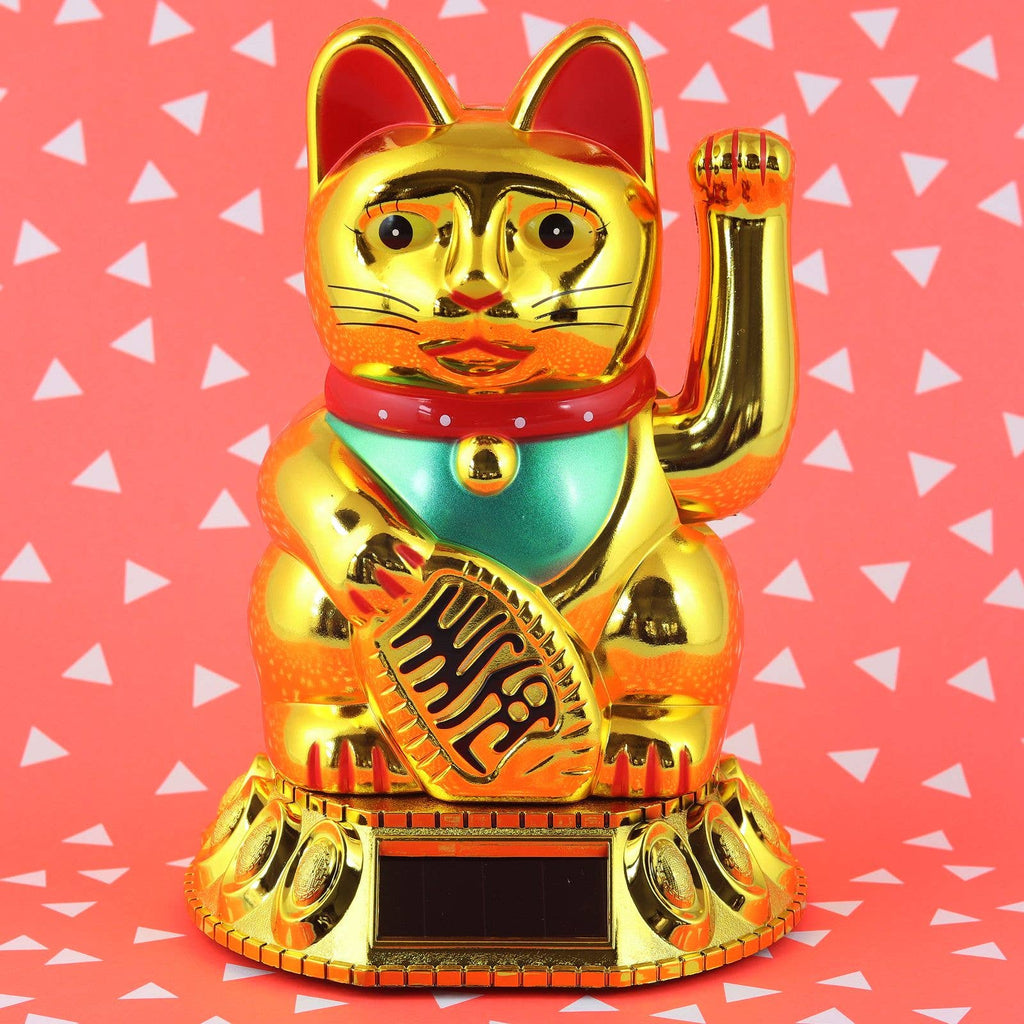 Chat chanceux solaire doré 18cm