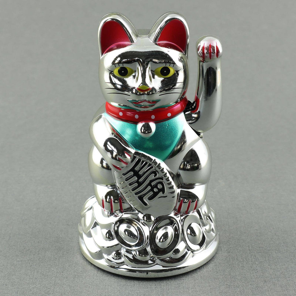Chat chanceux solaire argenté 11cm