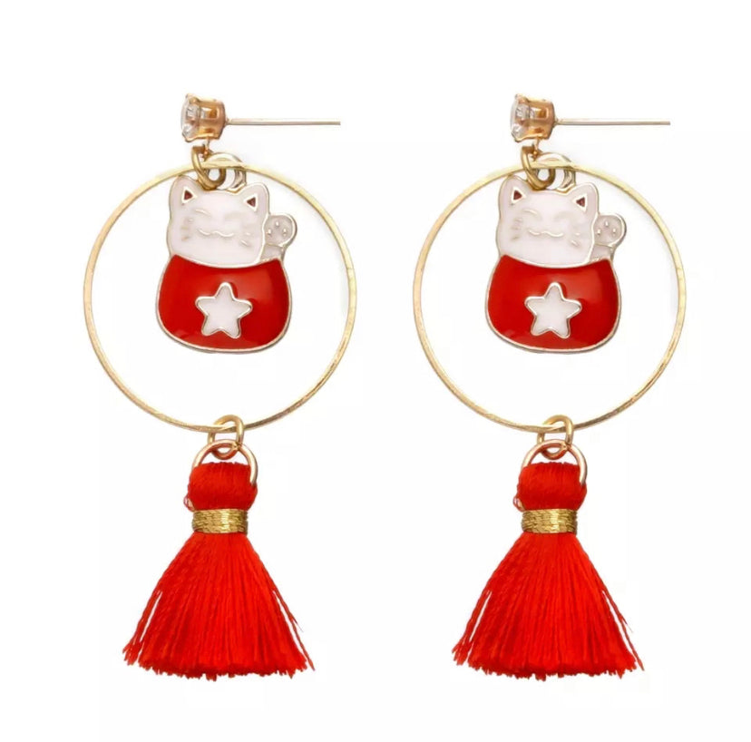 Boucles d’oreille Chat Chanceux Pompon - le Chat Chanceux