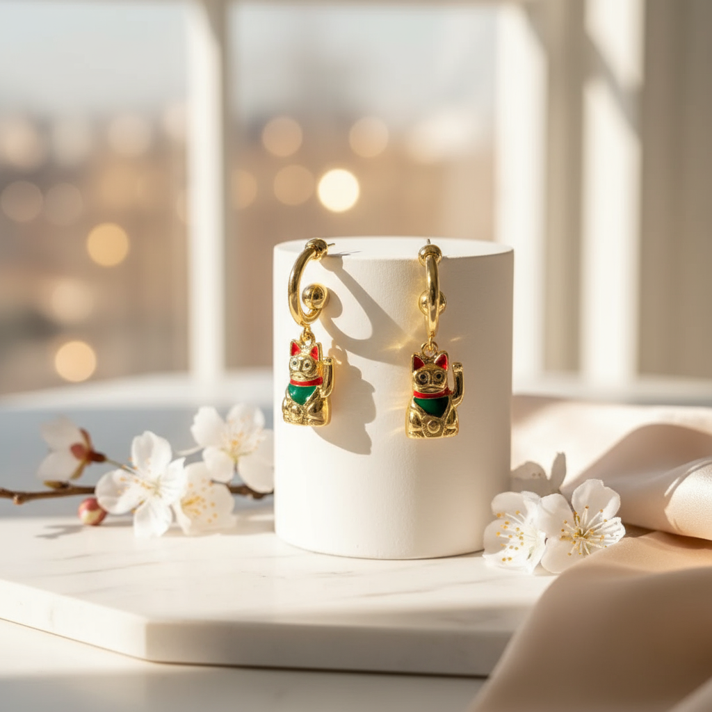 Lucky Cat Earrings Gold