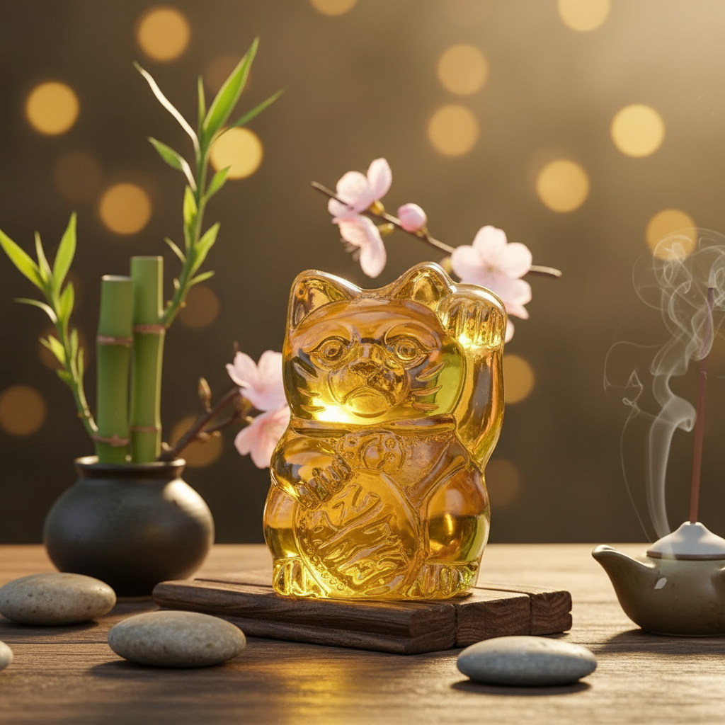 Statuetta gialla del gatto portafortuna