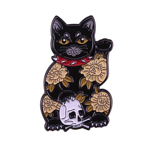 Lucky Cat Pin with Black Skull - Maneki Neko - main view - The-lucky-cat