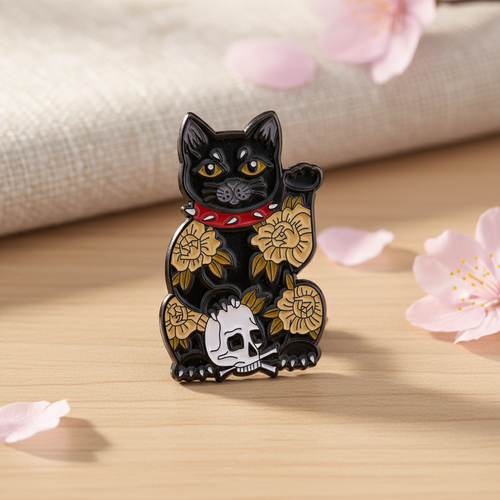 Lucky Cat Pin - Black Skull - Maneki Neko - Side View - The-Lucky-Cat